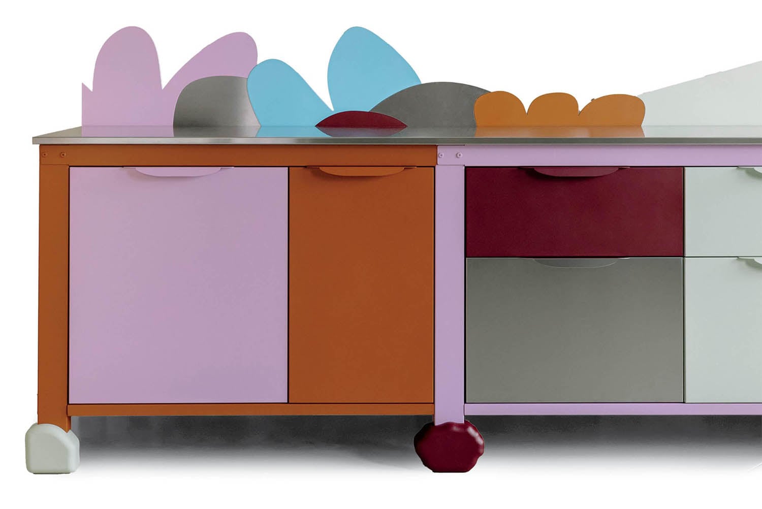 A colorful cabinet with a bunch of flowers.