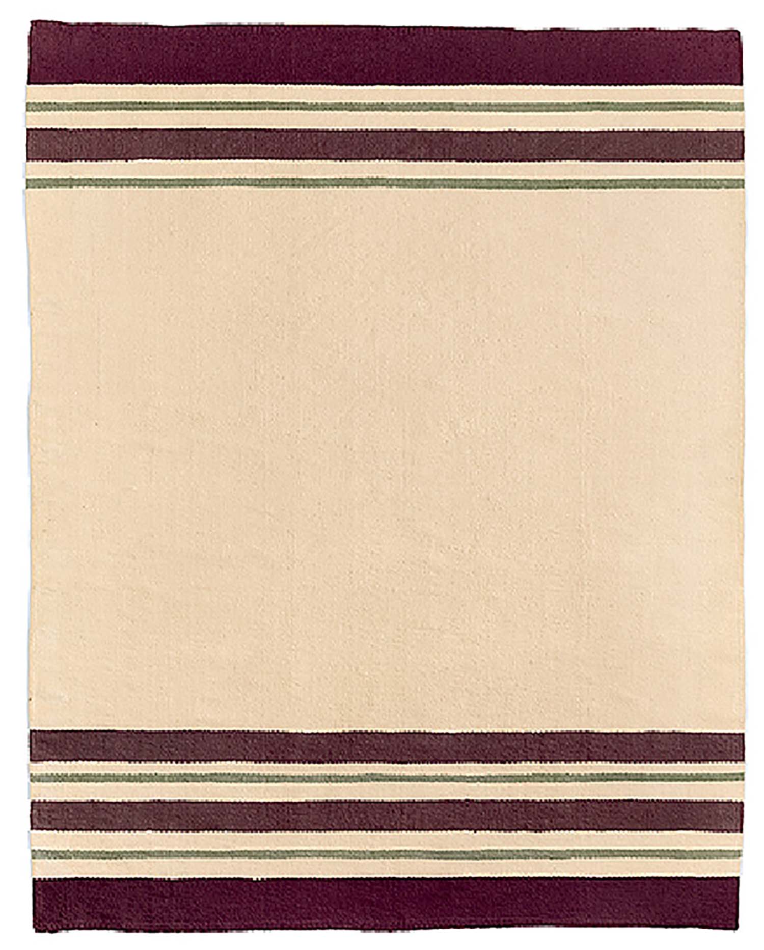 A striped rug with a maroon and beige stripe.