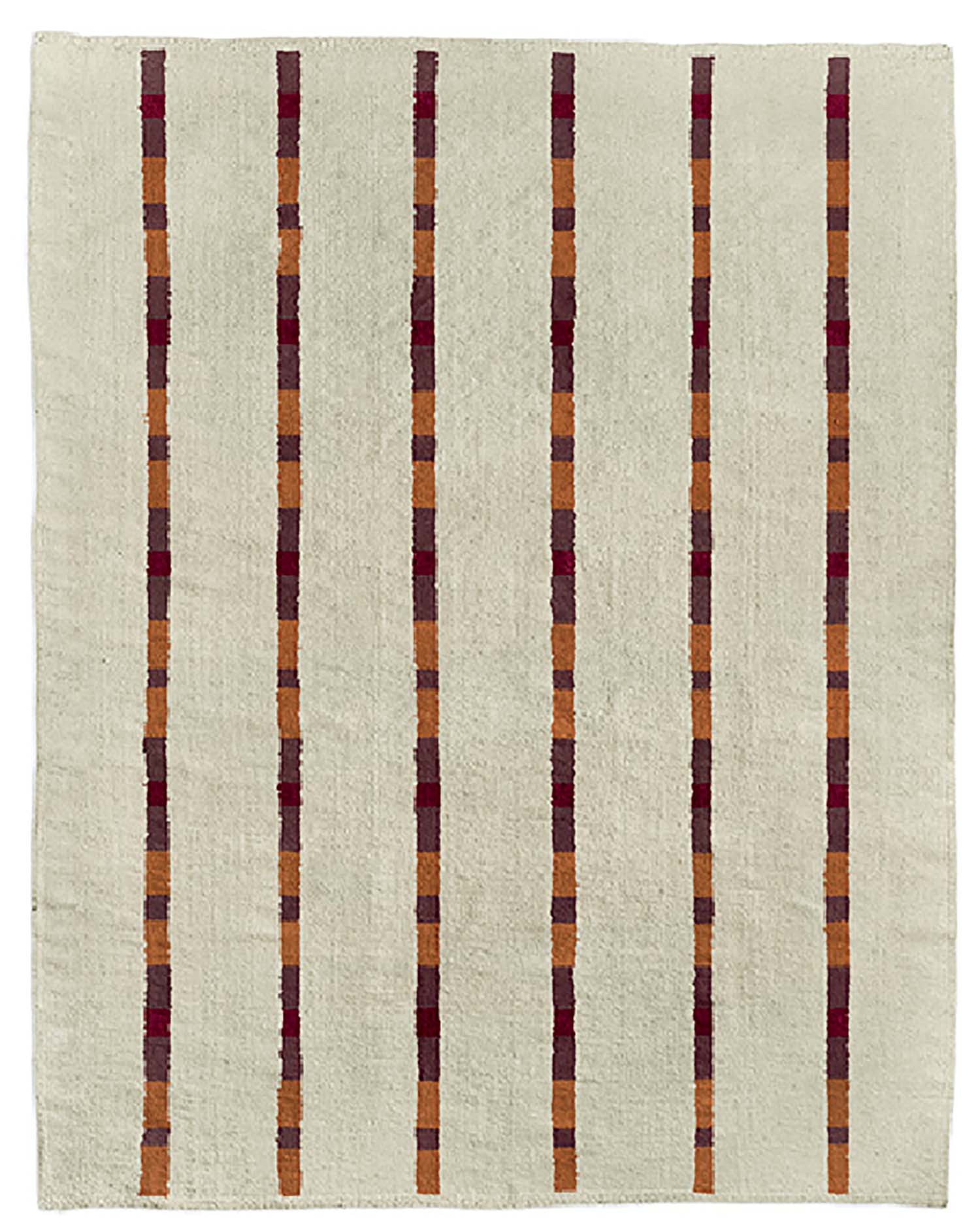 A white rug with red and brown stripes.