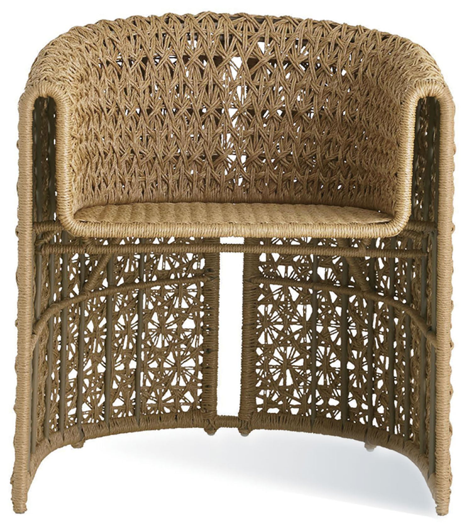 A wicker chair with a woven seat.