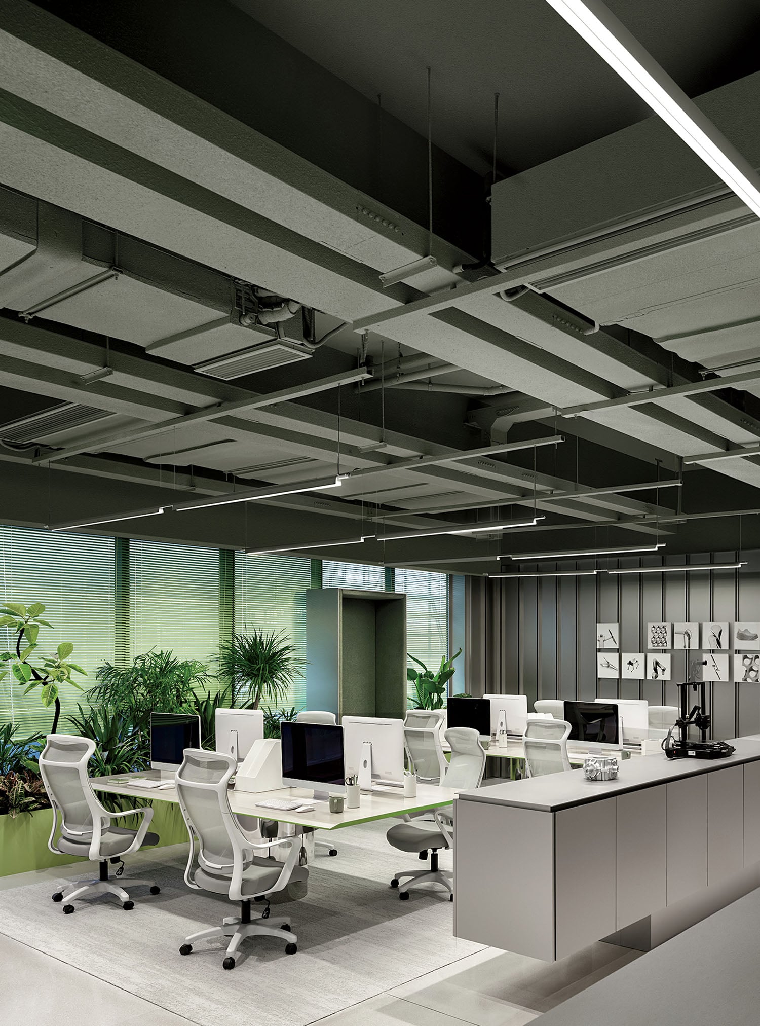 A large open space with a desk and chairs.