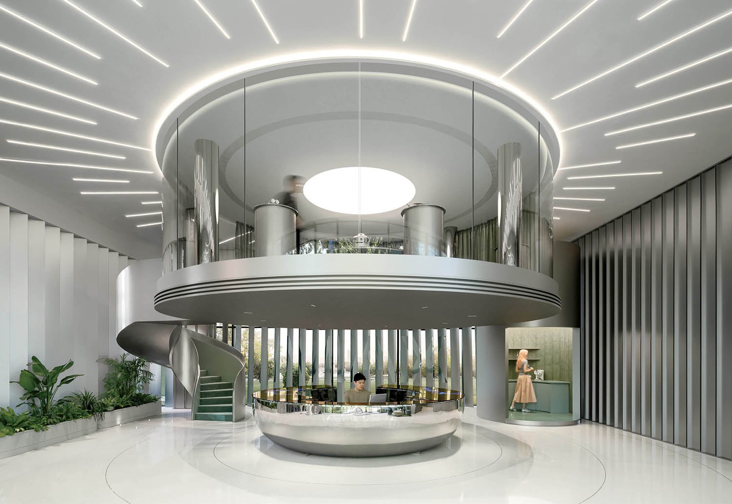 A large circular white table.