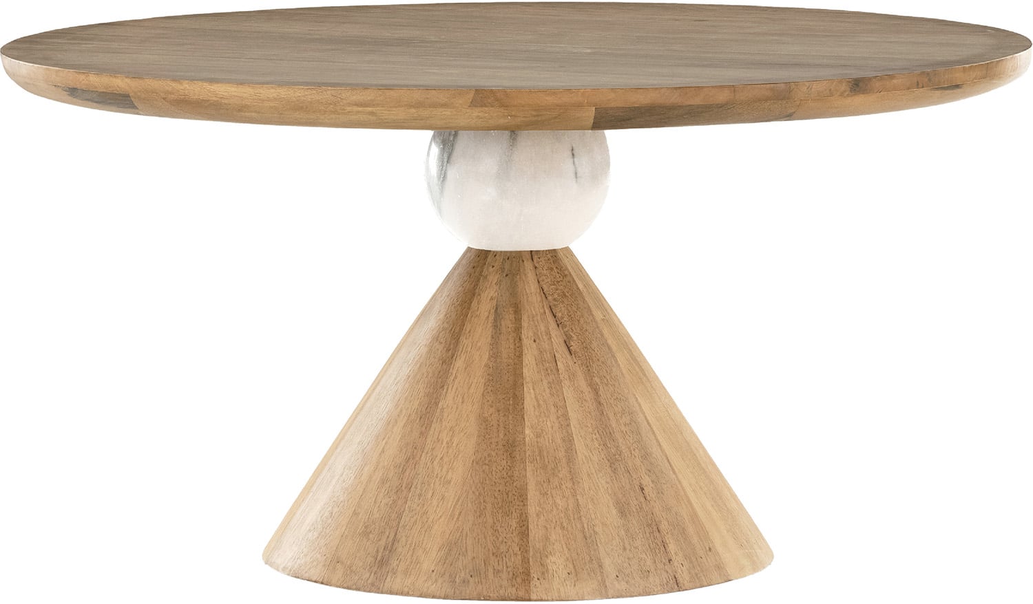 A round wooden table with a white marble top