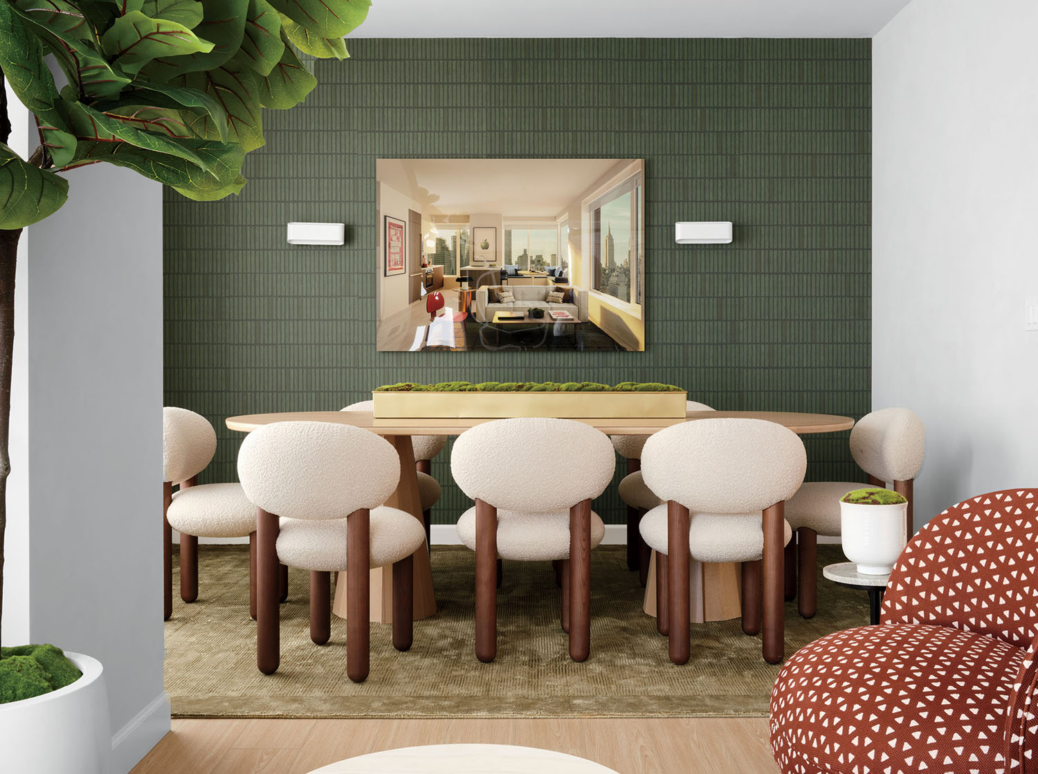 A dining room with a table and chairs.