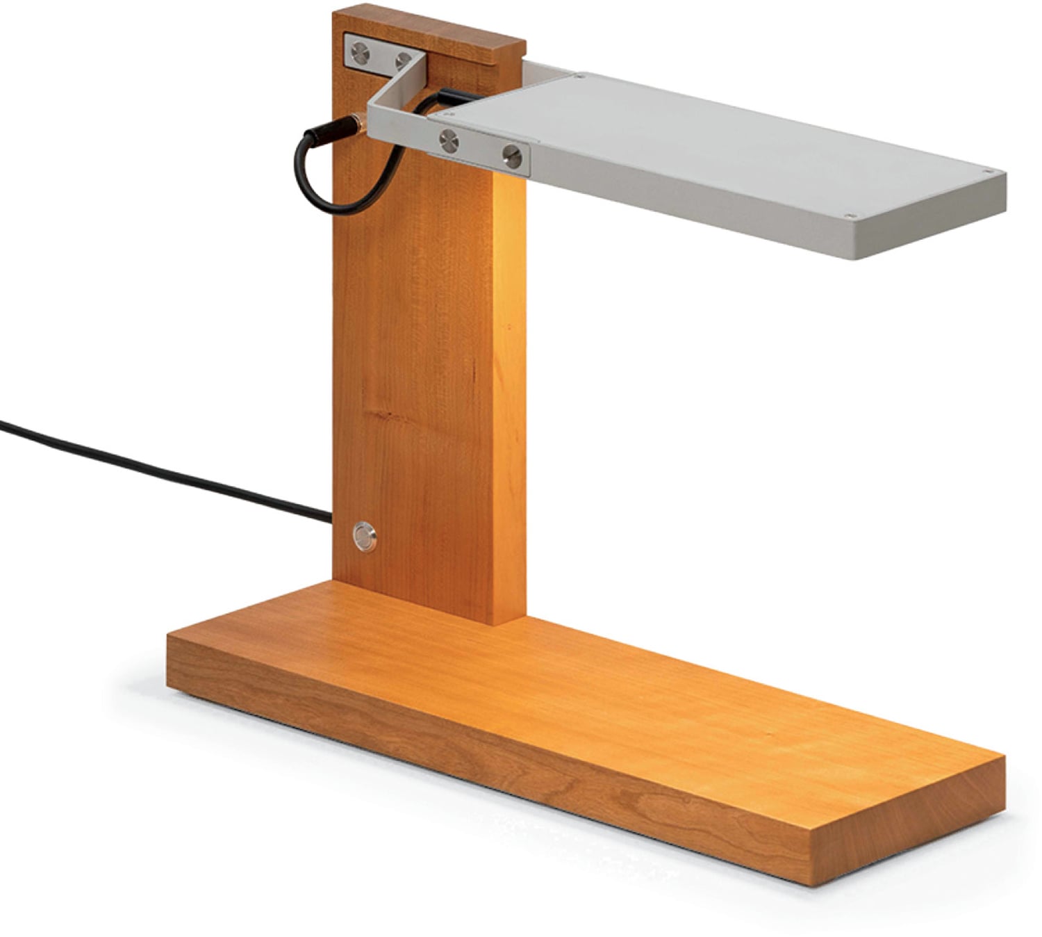 A wooden table lamp with a white light.