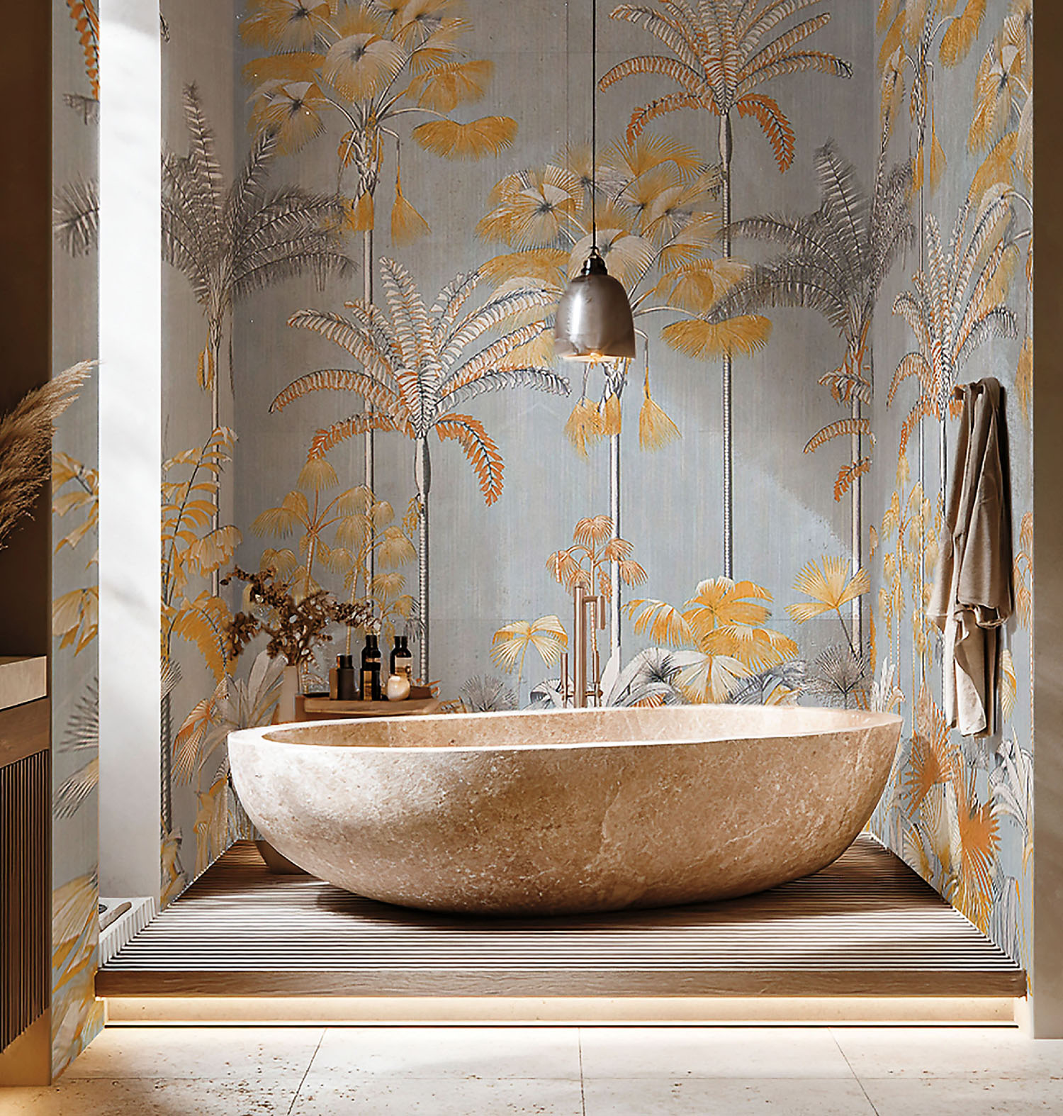 A bathroom with a large bathtub and a wallpapered wall.