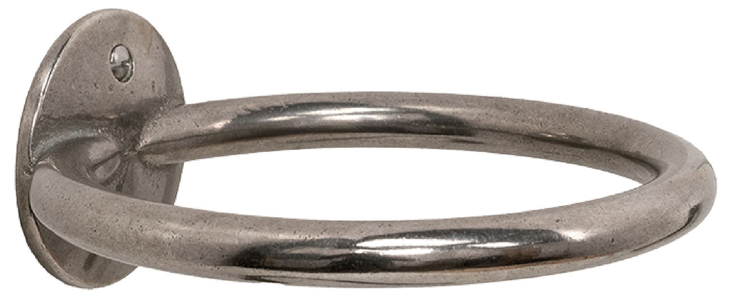 A black stool with a metal bar on top.