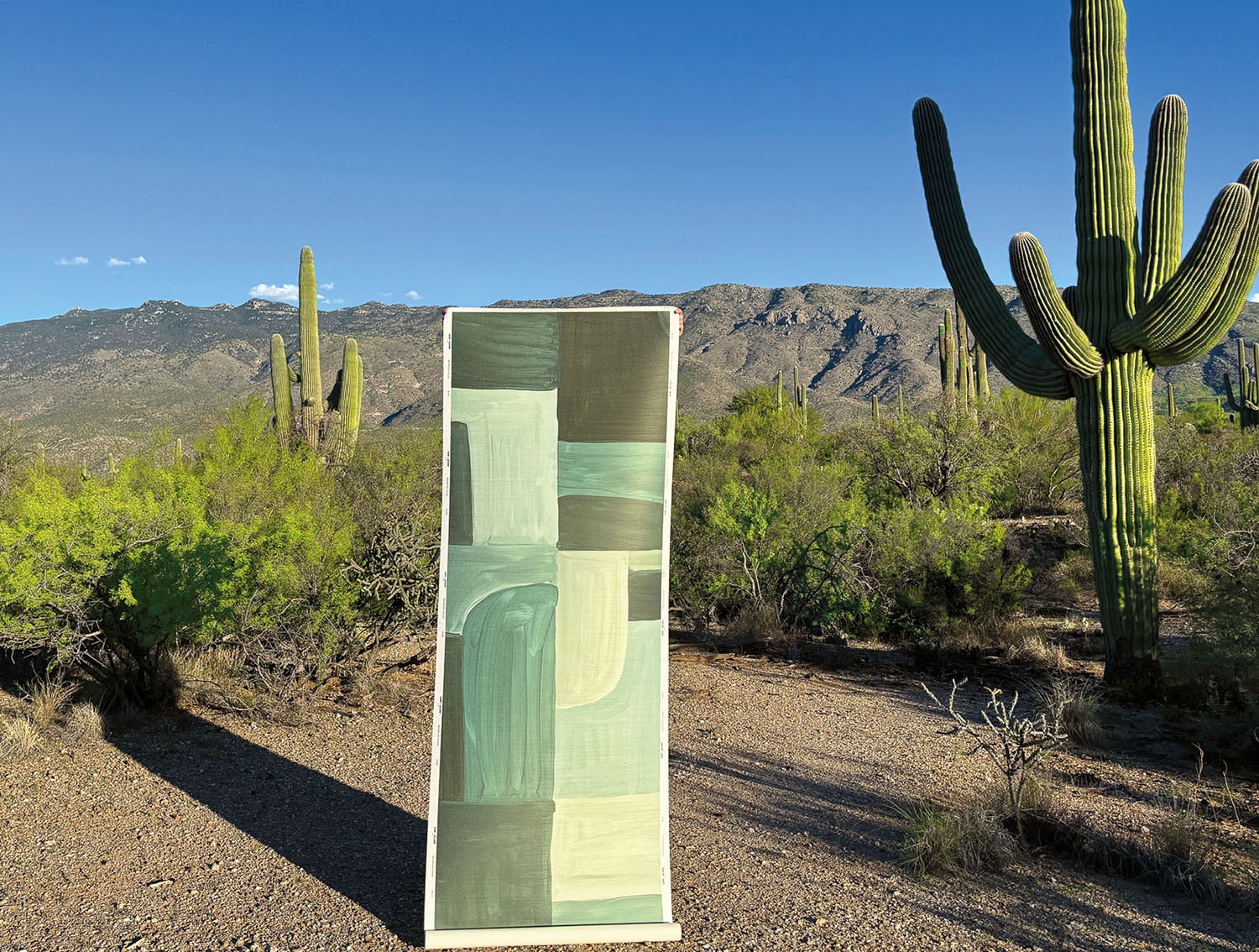 A large green object sitting in the middle of a desert.