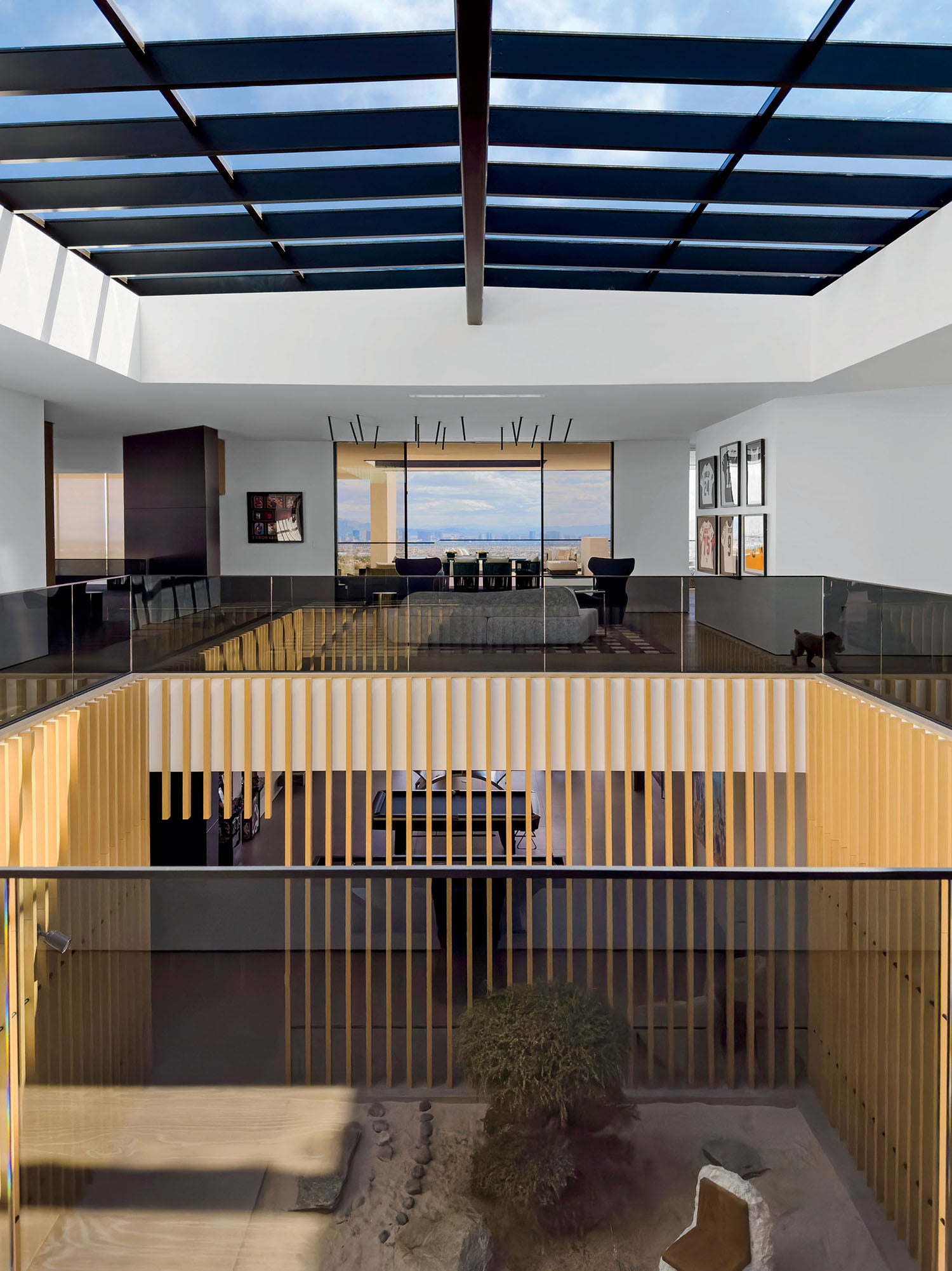 A view of a modern house with a skylight.