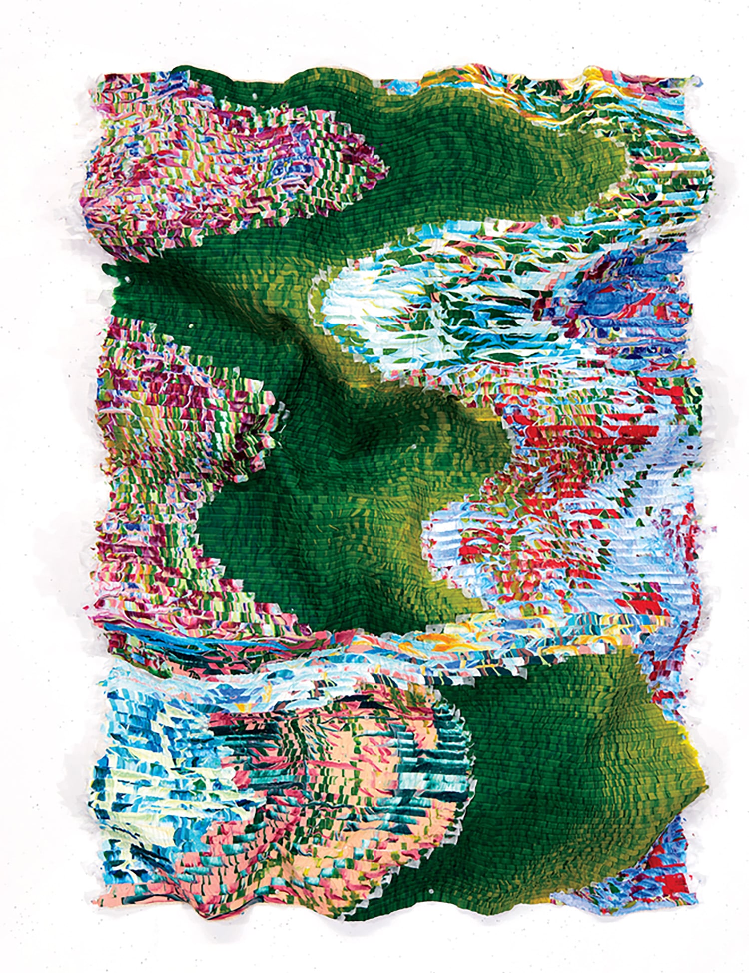 A painting of a green and blue abstract painting.