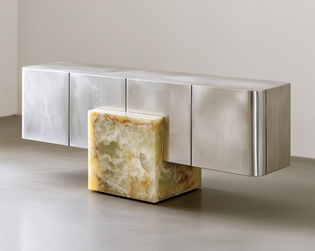 A marble table with a metal frame and a marble block.