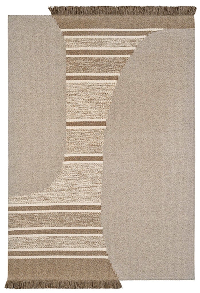 a tan striped rug with geometric shapes