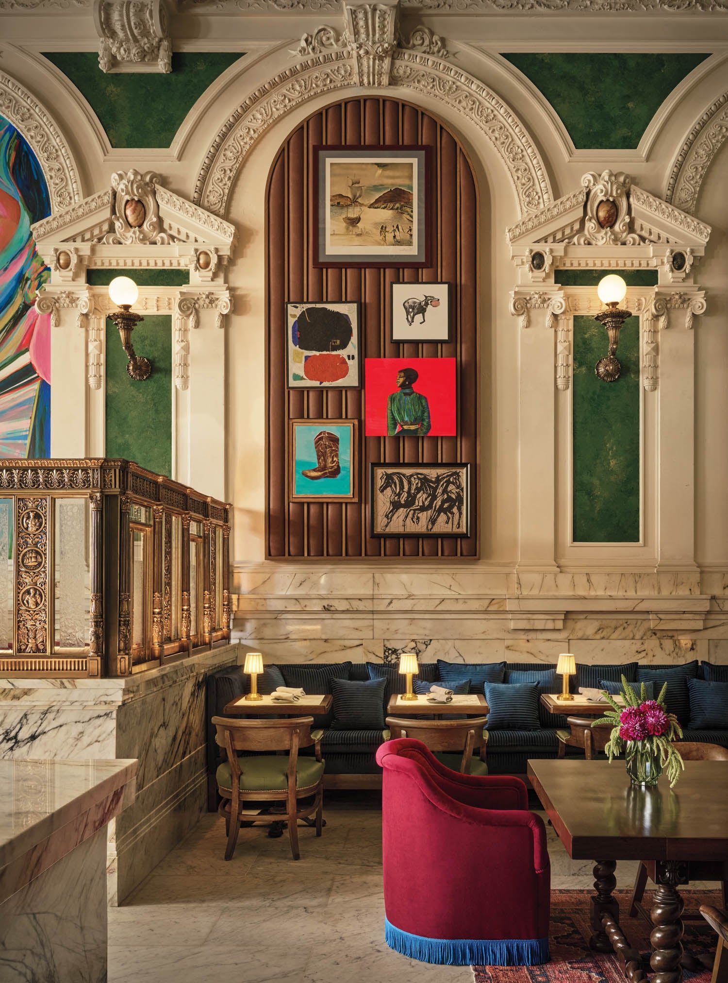 a gallery wall with colorful accents