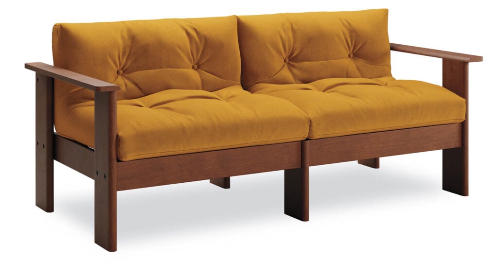 yellow sofa with wood legs