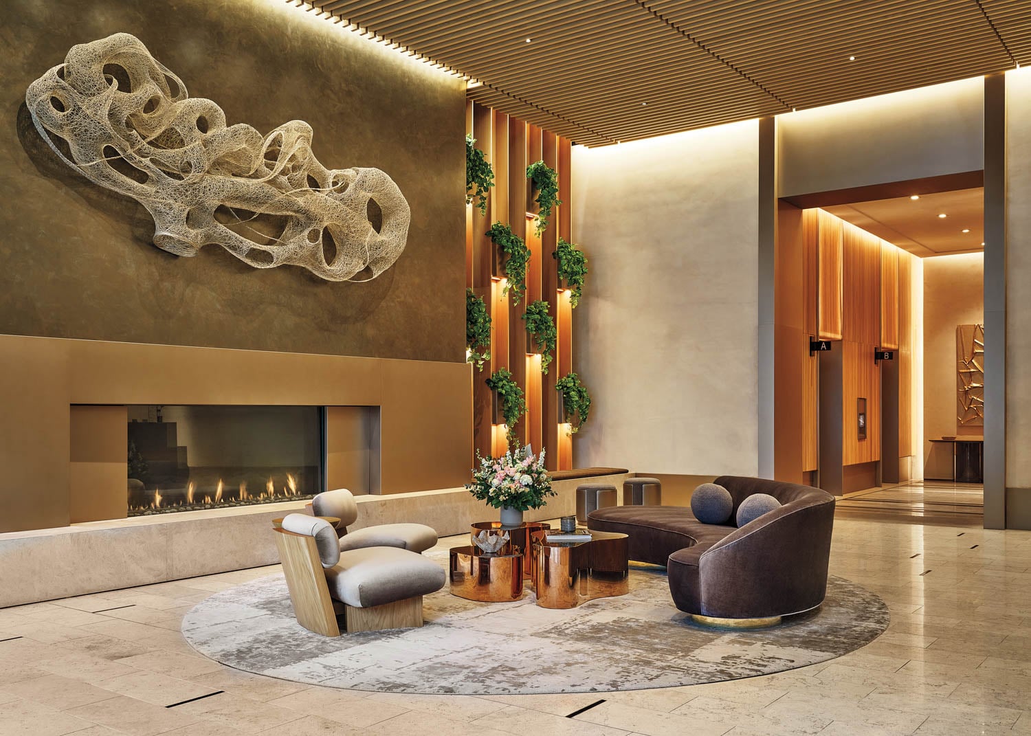 a seating area with warm tones