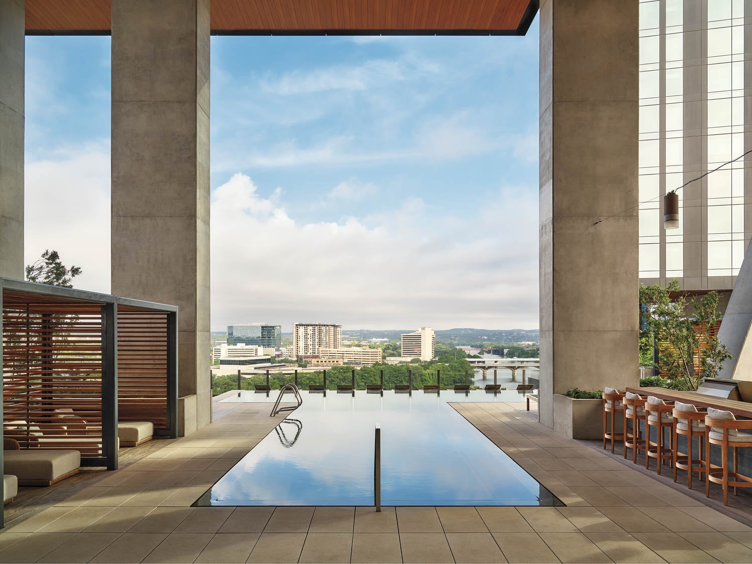 a pool with open air views