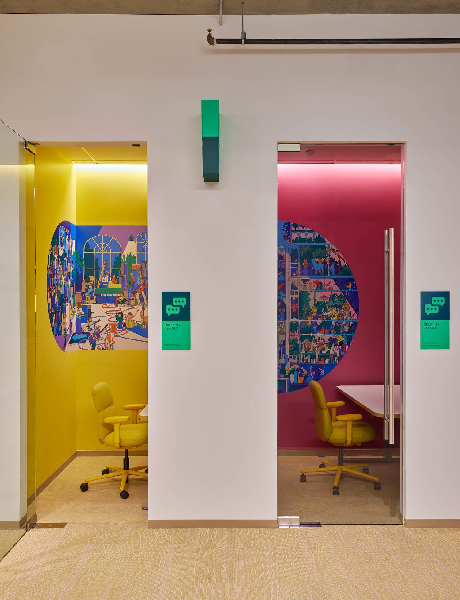 booth with colored rooms and vinyl murals