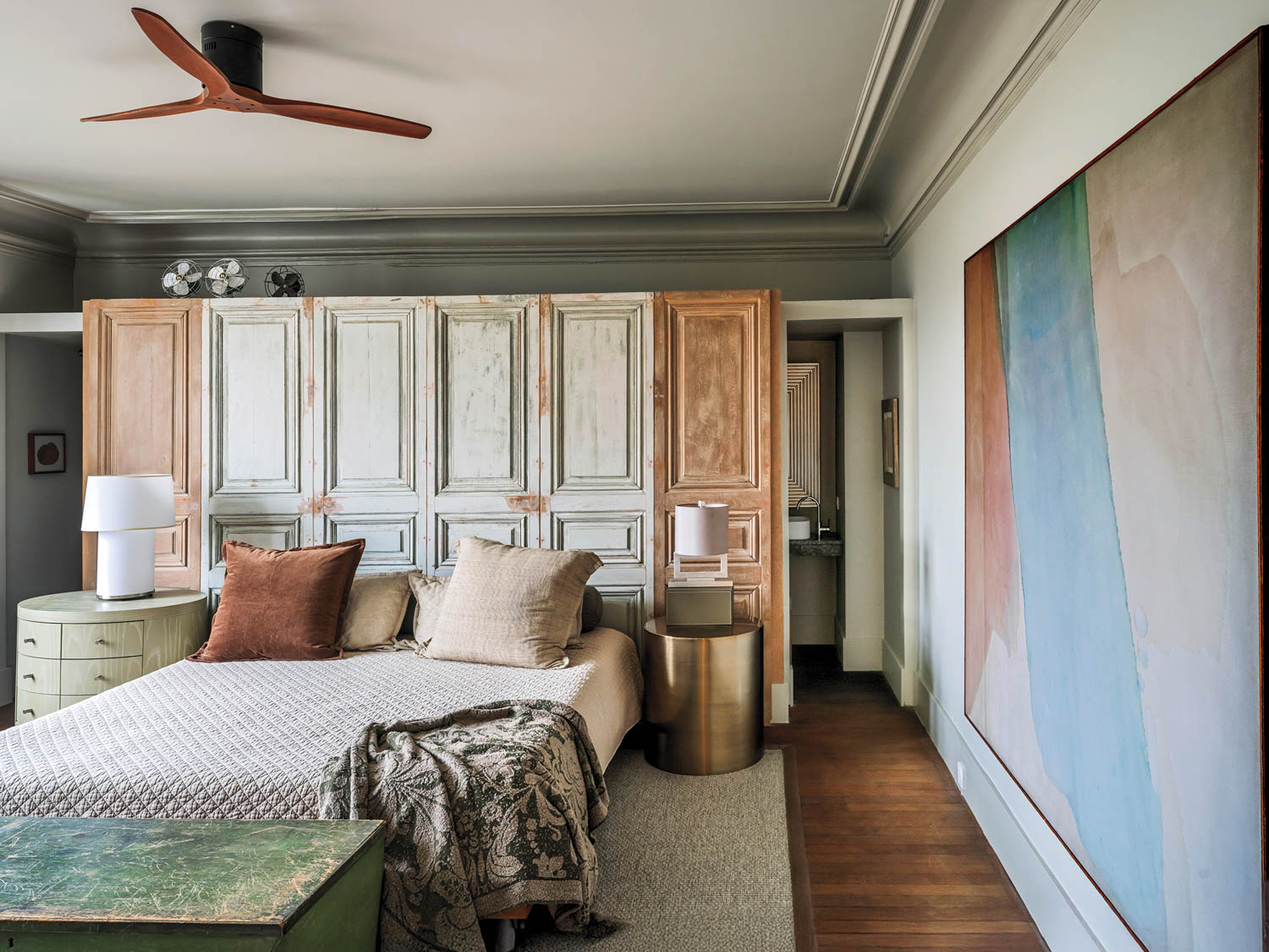 guest bedroom with repurposed door screens