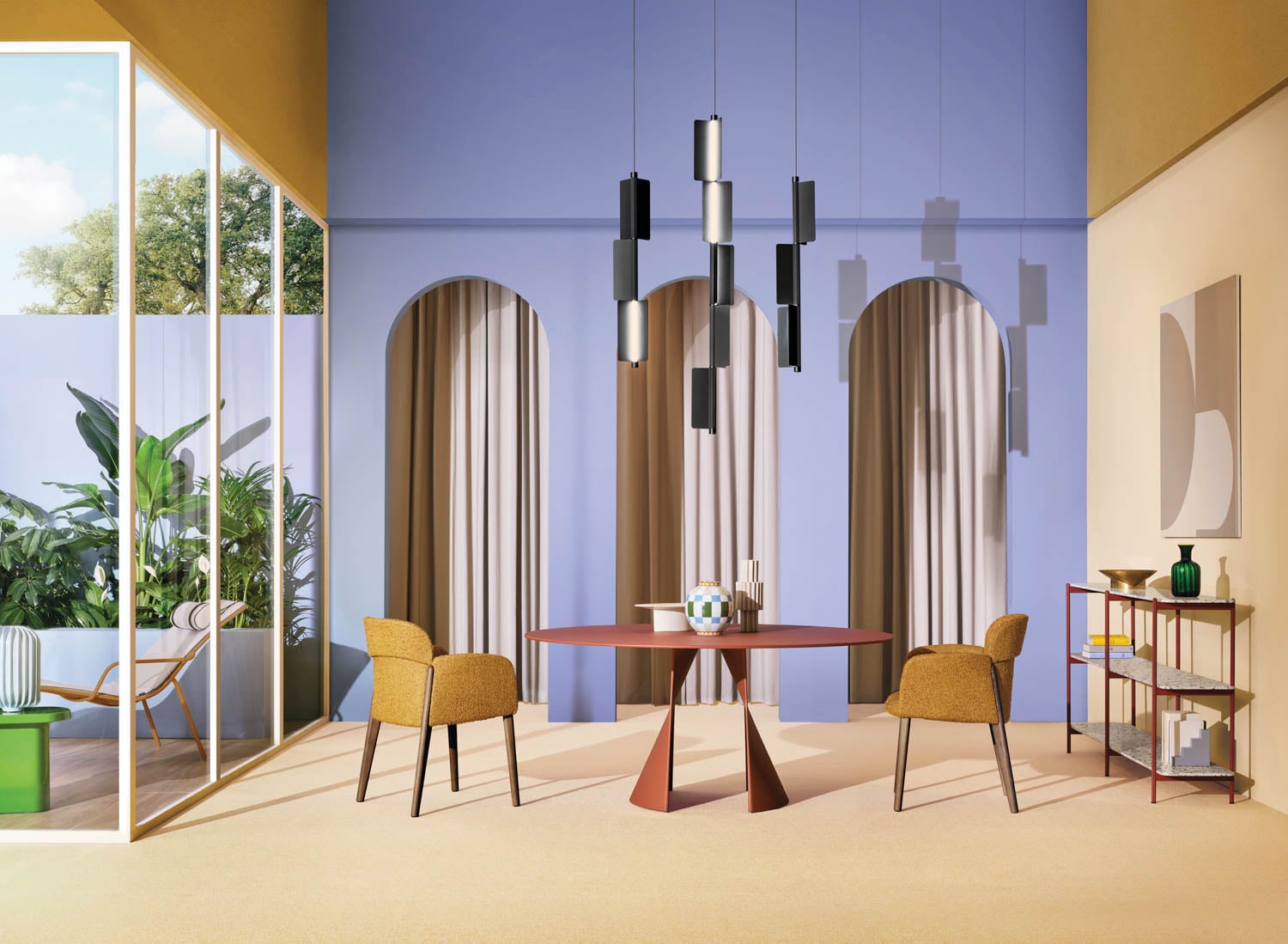 showroom with periwinkle blue walls and chairs